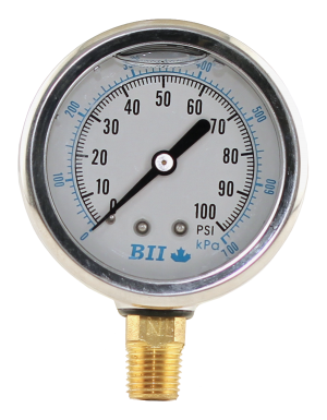 2 1/2' Liquid Filled Pressure Gauge 0 - 100 psi with Brass 1/4' MPT