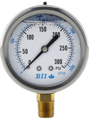 2 1/2' Liquid Filled Pressure Gauge 0 - 300 psi with Brass 1/4' MPT