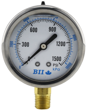 2 1/2' Liquid Filled Pressure Gauge 0 - 3000 psi with Brass 1/4' MPT
