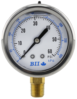 2 1/2' Liquid Filled Pressure Gauge 0 - 60 psi with Brass 1/4' MPT