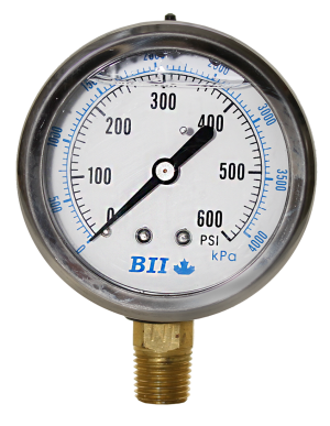 2 1/2' Liquid Filled Pressure Gauge 0 - 600 psi with Brass 1/4' MPT