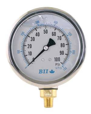 4' Liquid Filled Pressure Gauge 0 - 100 psi with Brass 1/4' MPT