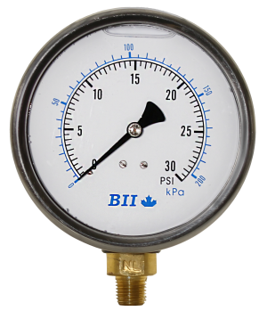 4' Liquid Filled Pressure Gauge 0 - 30 psi with Brass 1/4' MPT