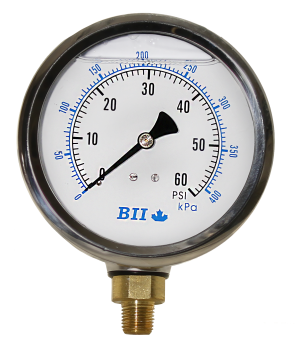 4' Liquid Filled Pressure Gauge 0 - 60 psi with Brass 1/4' MPT